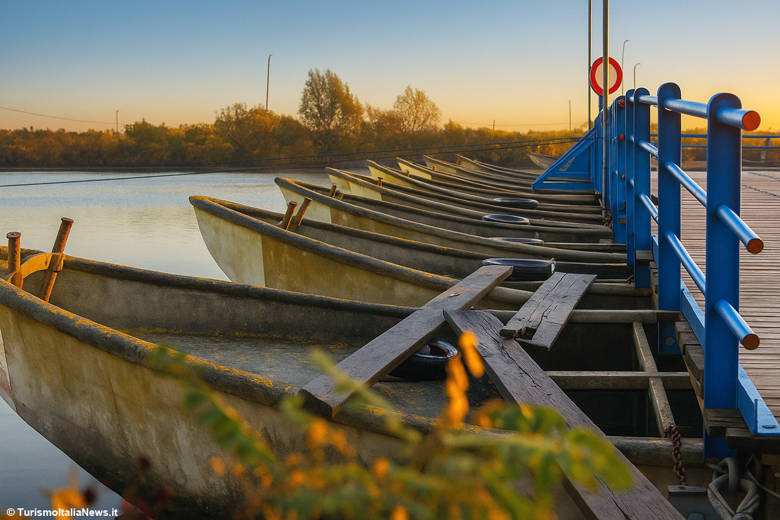 Po di Goro: il ponte barche sul braccio di fiume che segna il confine tra l'Emilia-Romagna e il Veneto, con il Po in piena. Sul grande fiume esistono ormai soltanto due ponti di barche, l'altro si trova a Santa Giulia