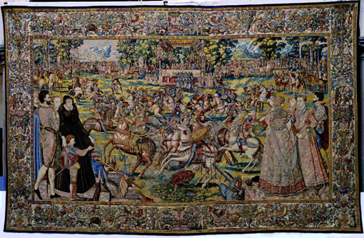 Un torneo della serie delle Feste dei Valois,1575ca.; manifattura di Bruxelles; disegno di Antonio Caron, 1564 ca.; cartone di Lucas de Heere, Depositi della Galleria degli Uffizi, Firenze
