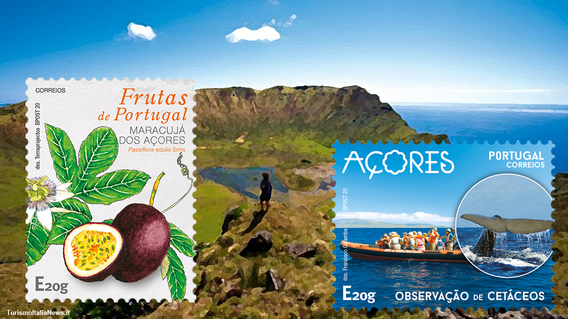 Per le Azzorre portoghesi arrivano nel 2020 questi due francobolli: uno sul turismo incentrato sull’osservazione delle balene, e l’altro dedicato alla deliziosa e profumata Maracuja dos Açores - São Miguel, ovvero il Frutto della Passione