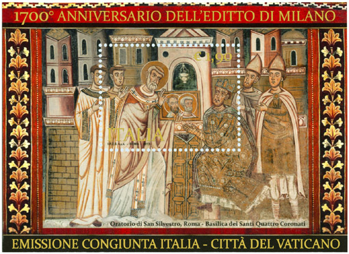 Il foglietto congiunto Italia - Vaticano dedicato all'Editto di Milano, qui la versione italiana (emissione 2013)