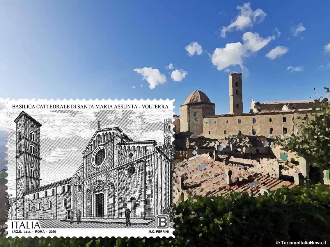 Il francobollo emesso dall'Italia per la Basilica di Volterra