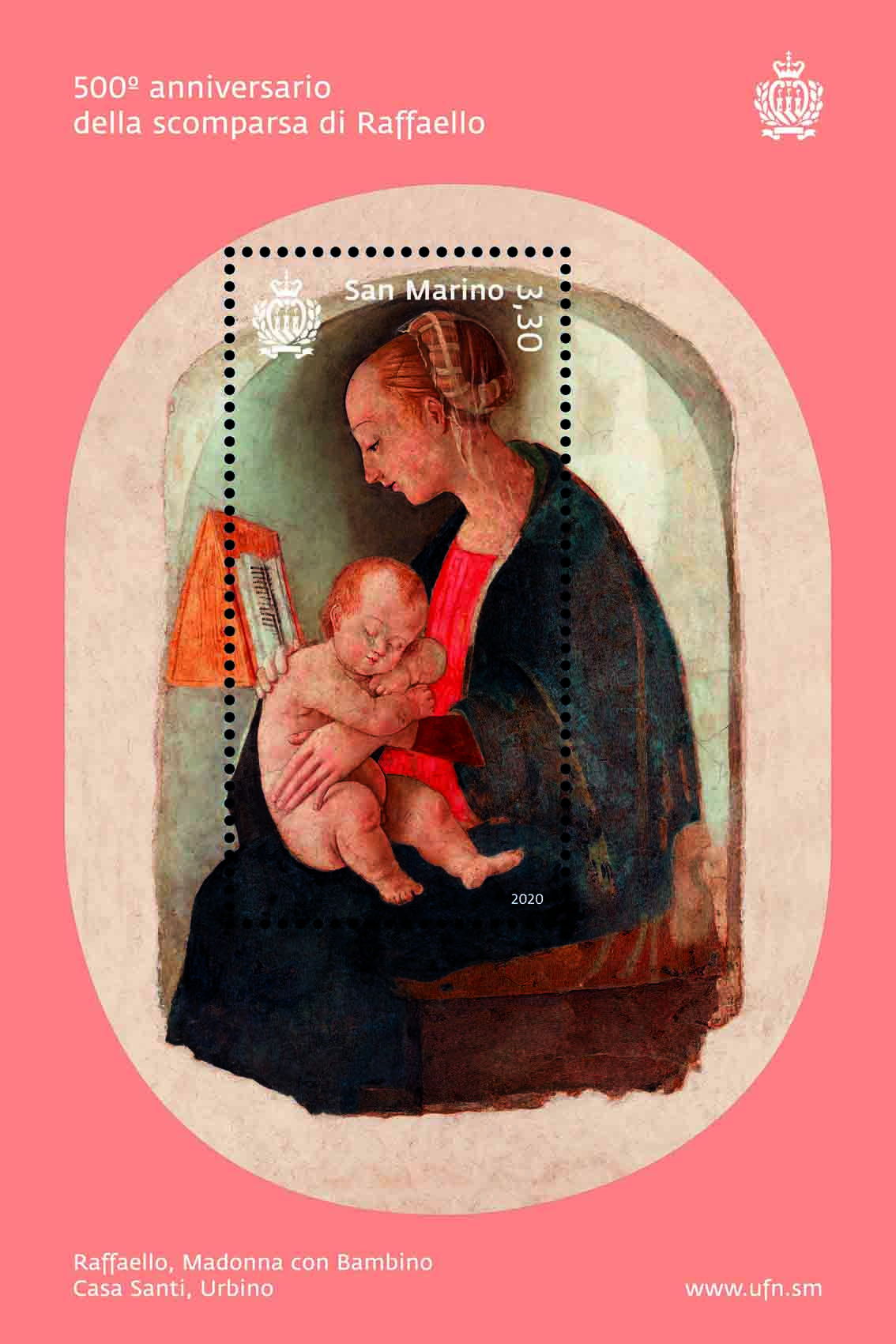 Il francobollo sammarinese in formato foglietto in distribuzione dal 24 marzo: raffigura la Vergine Maria che tiene Gesù Bambino addormentato sulle ginocchia ed è pervasa dalla delicatezza dell’intimità tra madre e figlio, tema ricorrente nella sua produzione artistica.