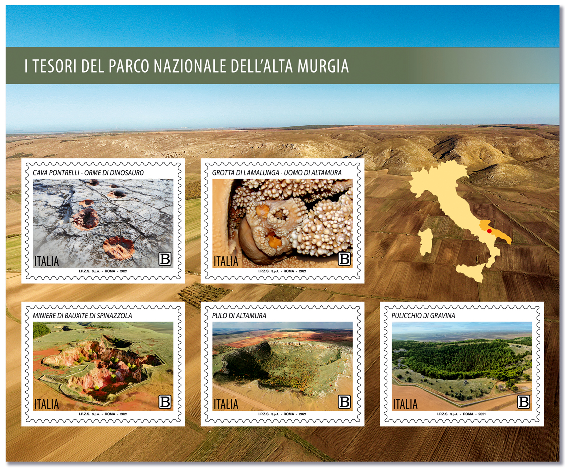 I cinque francobolli in circolazione dal 24 maggio: la Cava Pontrelli, la Grotta di Lamalunga, le miniere di bauxite di Spinazzola, il Pulo di Altamura e il Pulicchio di Gravina