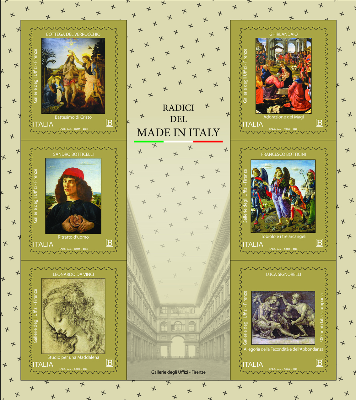 I sei francobolli stampati uniti in foglietto che l’Italia ha messo in circolazione il 15 settembre nell’ambito della serie tematica “il Patrimonio artistico e culturale italiano”, dedicati alle Radici del Made in Italy