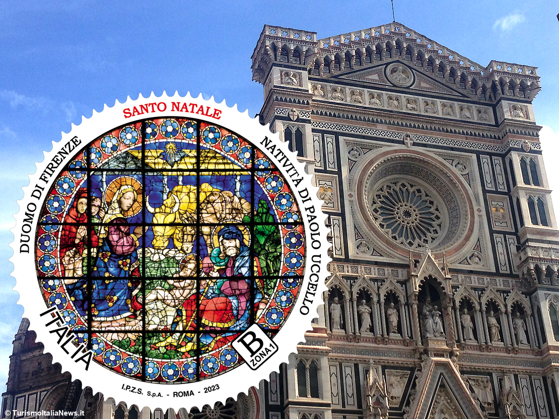 L'emissione dei francobolli natalizi italiani comprende anche il valore con soggetto religioso con la vetrata della Natività disegnata da Paolo Uccello e realizzata dal vetraio Angelo Lippi intorno al 1443 per la Cupola di Brunelleschi del Duomo di Firenze