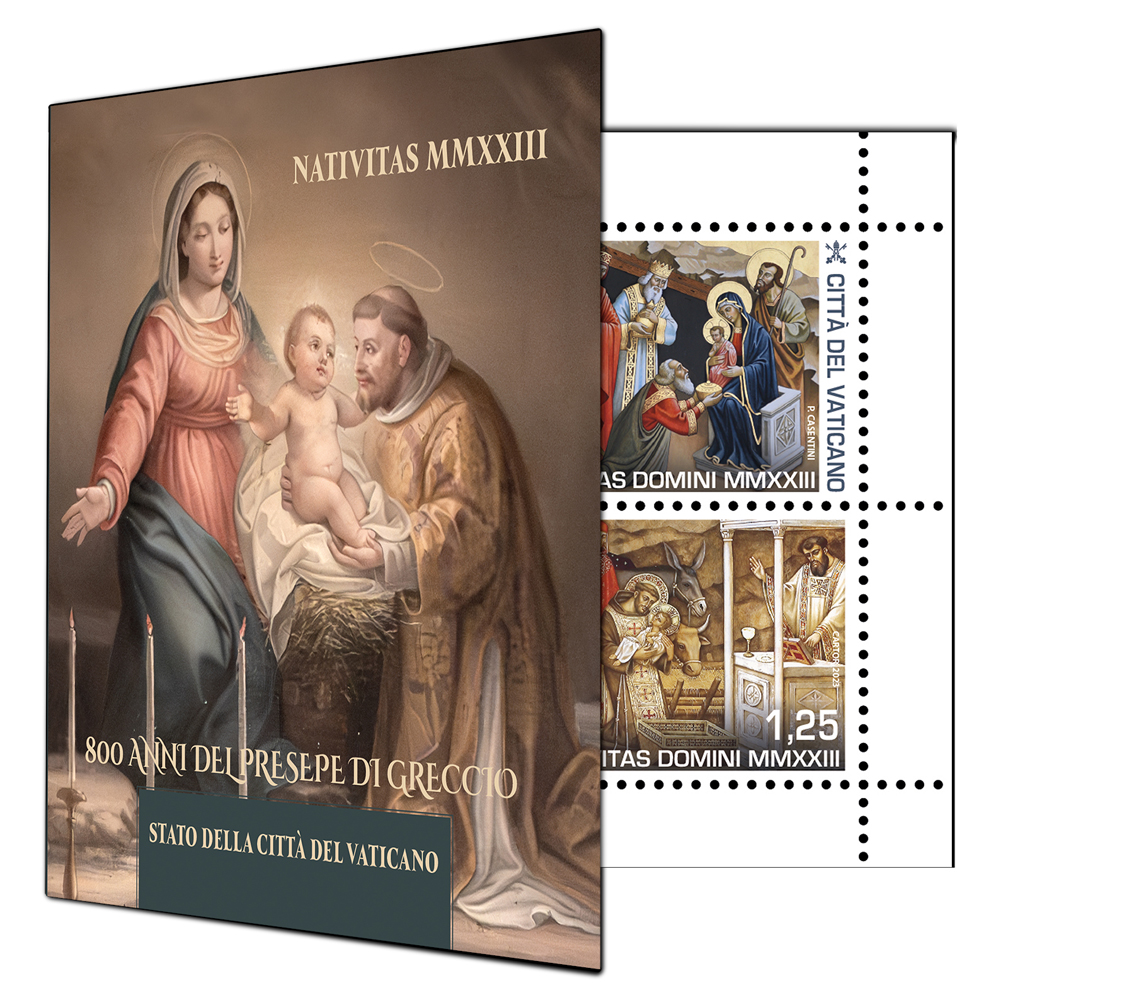 Natale 2023, il Vaticano celebra con i francobolli l’800° anniversario del Presepe di Greccio: la copertina del libretto filatelico