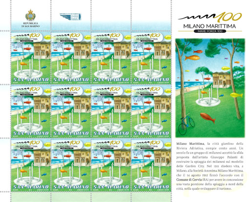 L'intero minifoglio di francobolli che la Repubblica di San Marino dedica a Milano Marittima