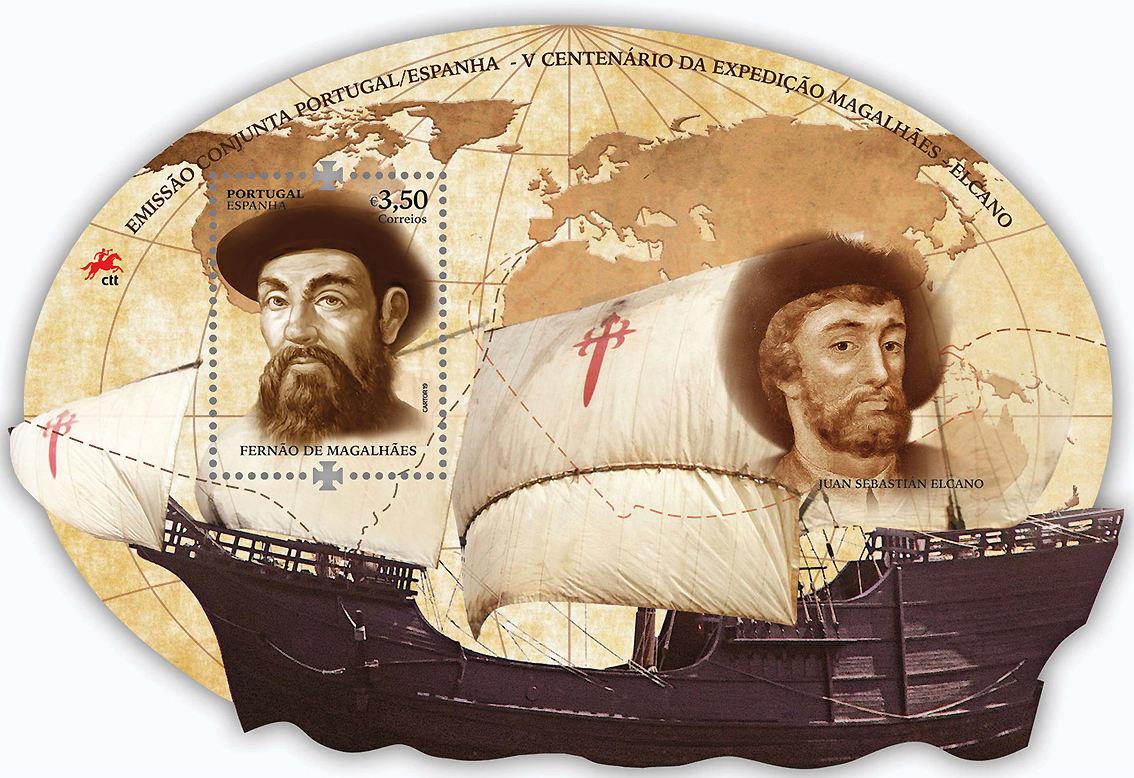 Portogallo e Spagna hanno dedicato francobolli con stesso soggetto e medesima grafica per il 500° dell'inizio della prima circumnavigazione del mondo