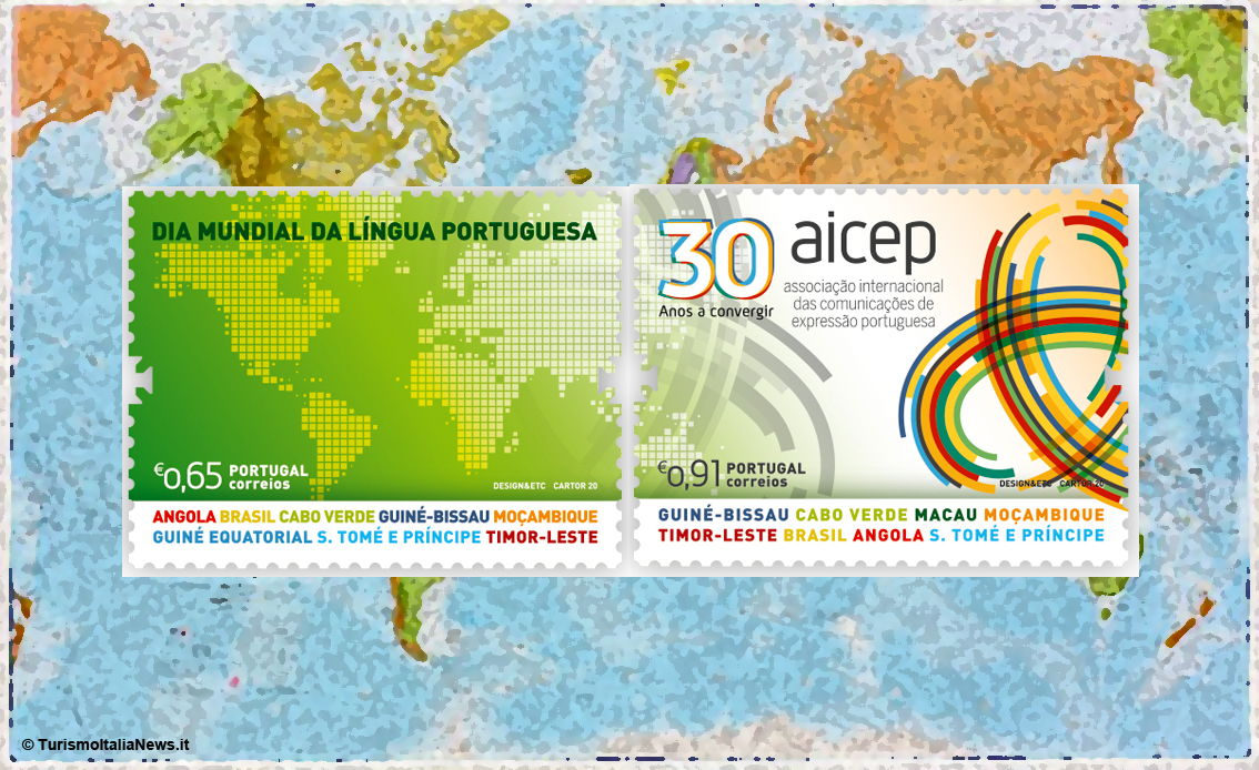 I due francobolli che celebrano la Giornata mondiale della Lingua portoghese e l'Aicep