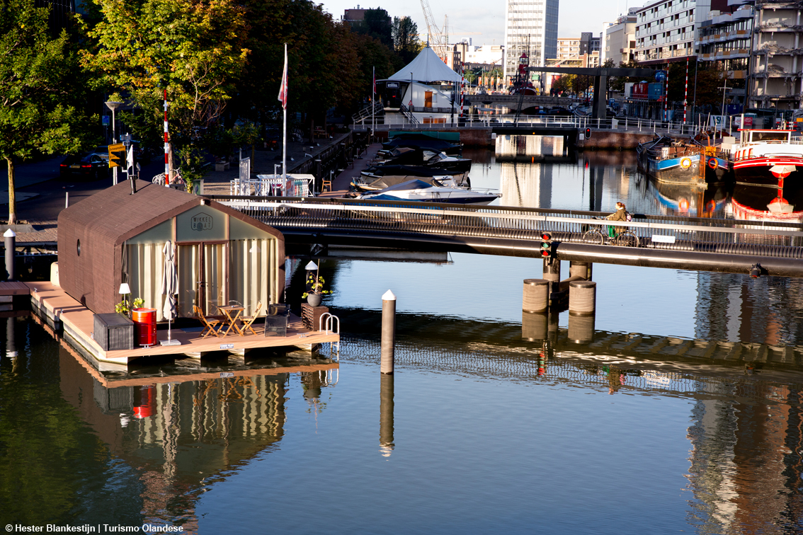 Nuovi alloggi galleggianti e sostenibili nel porto di Rotterdam, quattro piccole case galleggianti realizzate con materiali riciclati