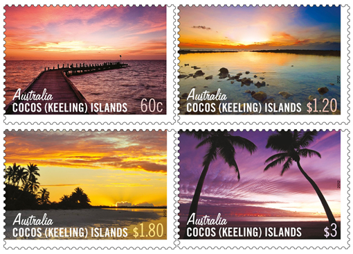 Le Poste austrialiane hanno dedicato alle Isole Cocos una serie di quattro francobolli in distribuzione dal 22 maggio 2012 ed incentrate in particolare sui momenti più suggestivi della giornata: l'alba e il tramonto