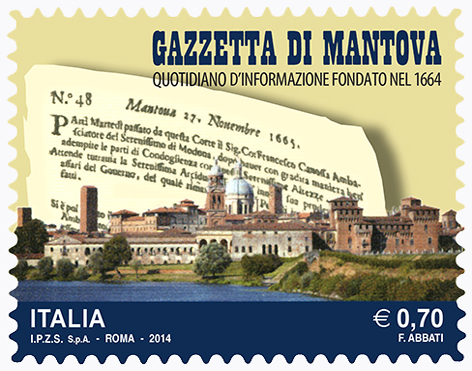 La Gazzetta di Mantova compie 350 anni, è il giornale tra i più antichi nel mondo: dal 1° settembre 2014 è in circolazione il francobollo che la celebra