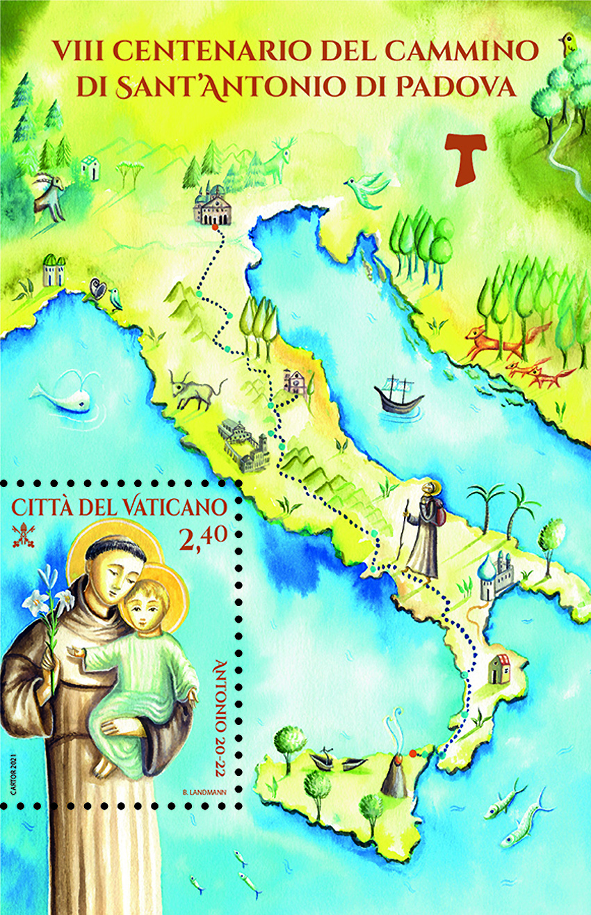 Si celebra l’ottavo centenario del Cammino di Sant'Antonio e il Vaticano mette in circolazione un francobollo stampato in versione foglietto, in distribuzione dal 25 maggio 2021
