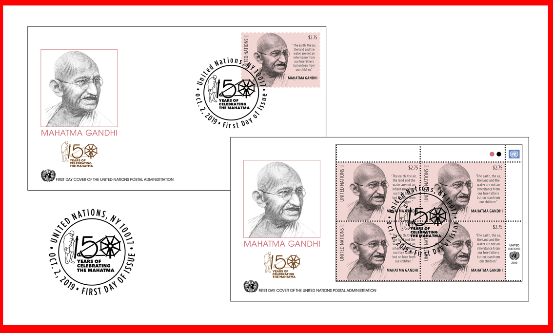 Il francobollo delle Nazioni Unite (sede di New York) emesso in occasione del 150° di Gandhi