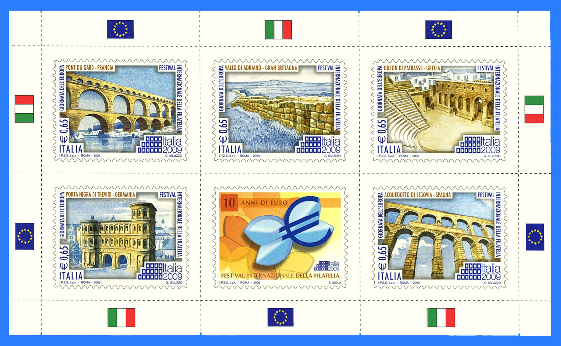 I francobolli stampati in foglietto che l'Italia ha dedicato ai monumenti romani (2009)