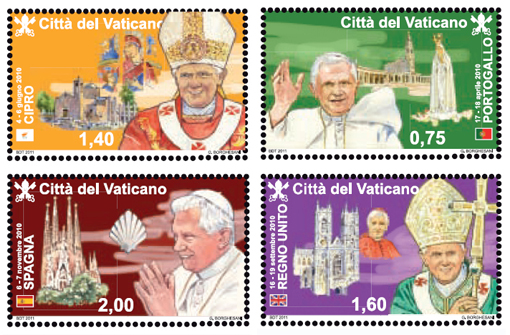 Benedetto XVI, su francobollo i cinque viaggi del 2010: emissione il 18 novembre 2011