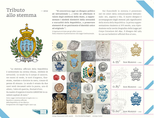 Dalla Repubblica di San Marino tributo allo stemma: il foglietto emesso nel 2012 (foto TurismoItaliaNews.it)