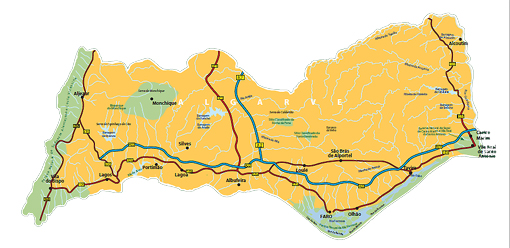 La mappa della regione portoghese dell'Algarve