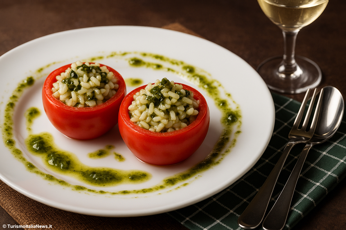 Pomodoro tondo fresco farcito al riso Carnaroli con emulsione di basilico: la ricetta di Casa Spineto