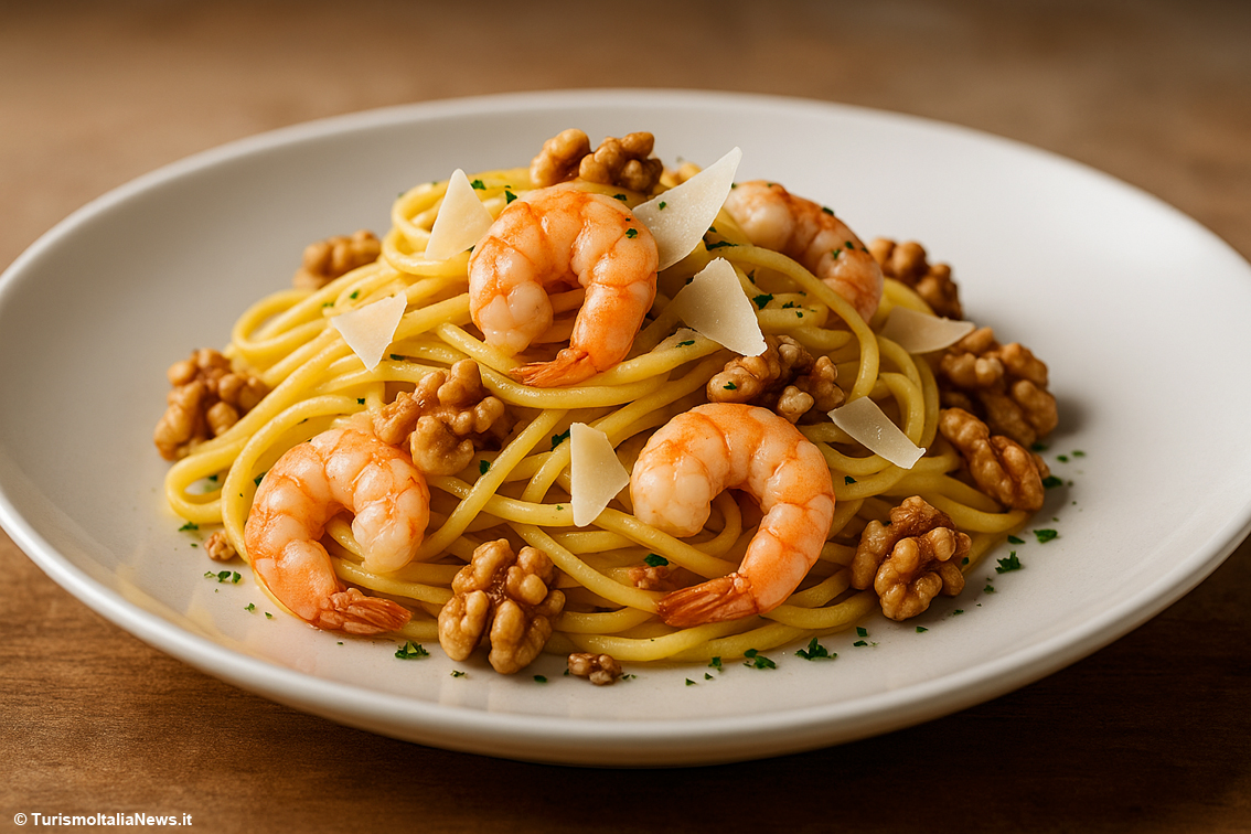 Tagliatelline con mazzancolle, noci e Pecorino umbro: ecco il piatto che richiama il mare e il sole