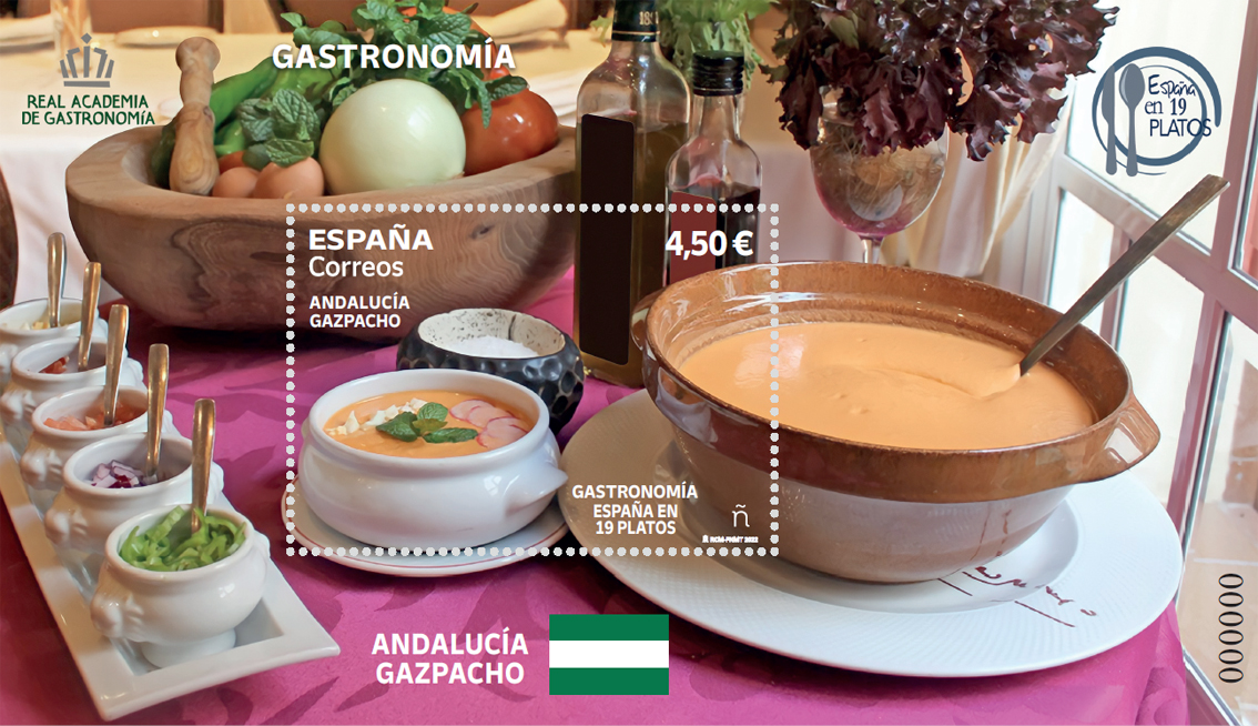 Proprio al gazpacho la Spagna dedica in questo 2022 un’emissione filatelica con un francobollo stampato in versione foglietto