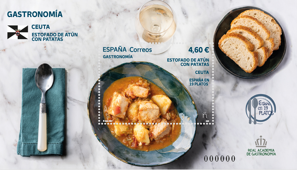 Il foglietto filatelico che le Poste spagnole dedicano all'Estofado di atun con patatas