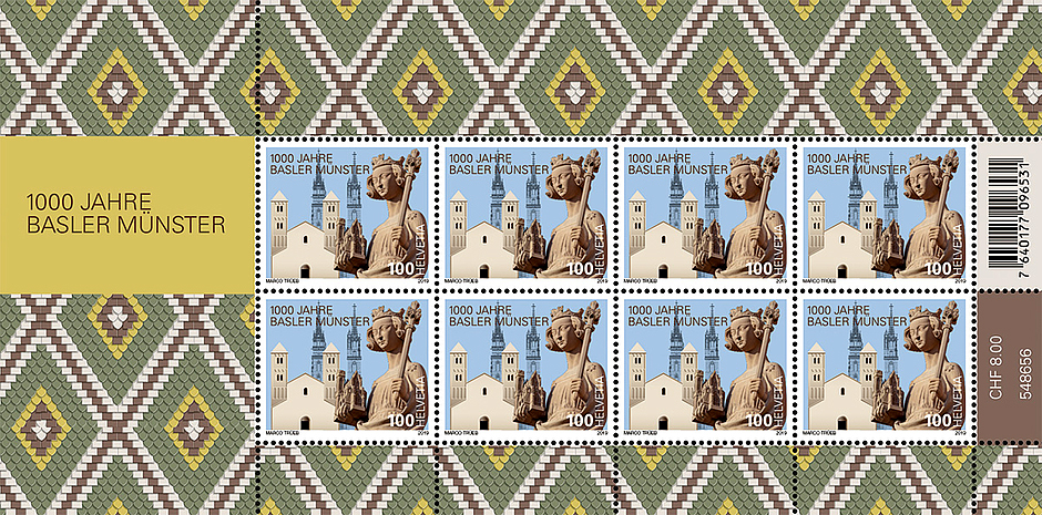 Il minifoglio del francobollo che la Svizzera dedica al millenario della Cattedrale di Basilea