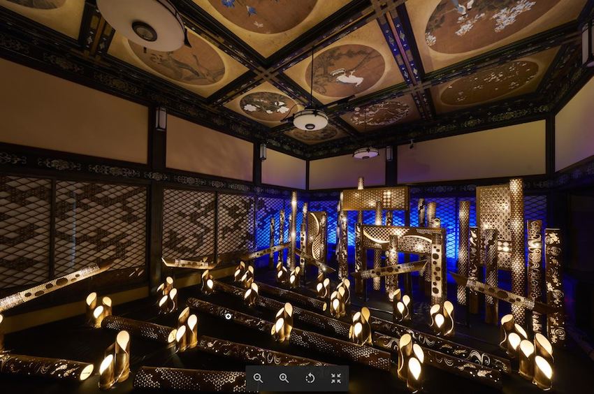 Tokyo, Hotel Gajoen Tokyo: Bamboolighting by Nittake Miyazaki, bamboo art