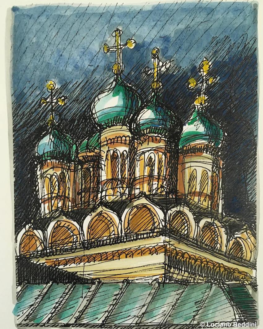 Mosca. L'architetto che disegna il mondo: in viaggio con Luciano Beddini, quello che vede diventa un'opera d'arte grafica