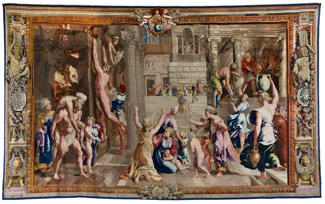 Manifattura Gobelins (da Raffaello), L’incendio di Borgo, arazzo, 1690 c., cm 487 x 800, Mobilier National, Parigi