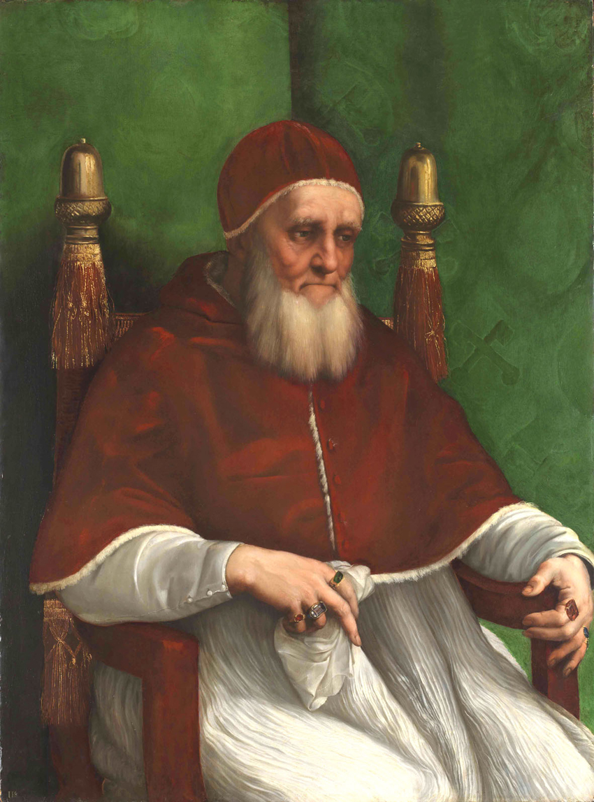 Raffaello Sanzio: Ritratto di papa Giulio II, 1511-1512, Tavola, cm 108x80,7. Londra, National Gallery