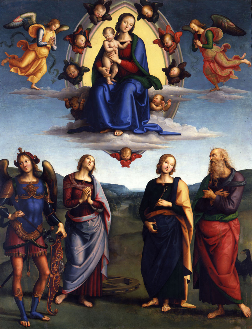 Pietro Vannucci, detto il Perugino, Madonna col Bambino in gloria e i Santi Giovanni Evangelista, Apollonia, Caterina d'Alessandria e Michele Arcangelo, panello, Bologna, Pinacoteca Nazionale, c. 1500