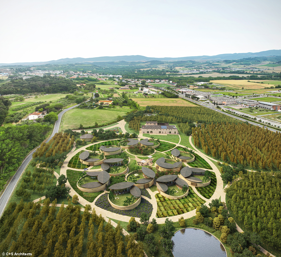Un prototipo di borgo popolare che vive di pixel-farming, una nuova visione dell’abitare in equilibrio tra costruito e natura per Peccioli, in Toscana